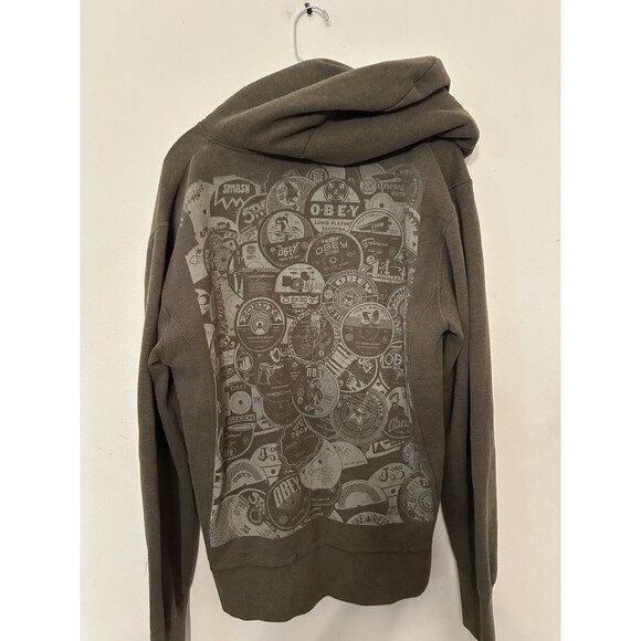 Vintage Obey Full zip Hoodie Army Green Front And Back Graphic men’s Size Large - Picture 2 of 4